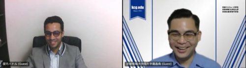 インタビュー中の望月先生(左)と羅さん(右)。