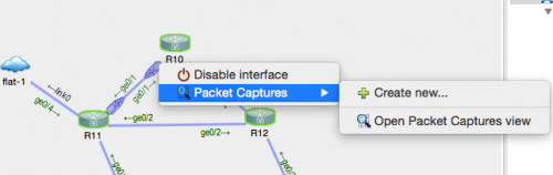 VIRL トポロジーの仮想インターフェース上を右クリックの上、パケットキャプチャルールを作成。保存したキャプチャファイルは、個別に Wireshark 等のツールで開いて確認できる。