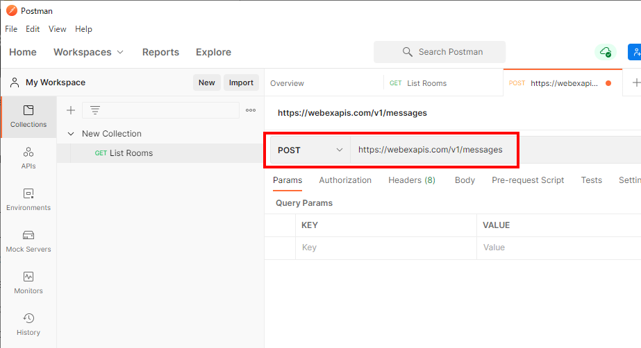 「POST」を選択し、「URI」に「https://webexapis.com/v1/messages」を入力