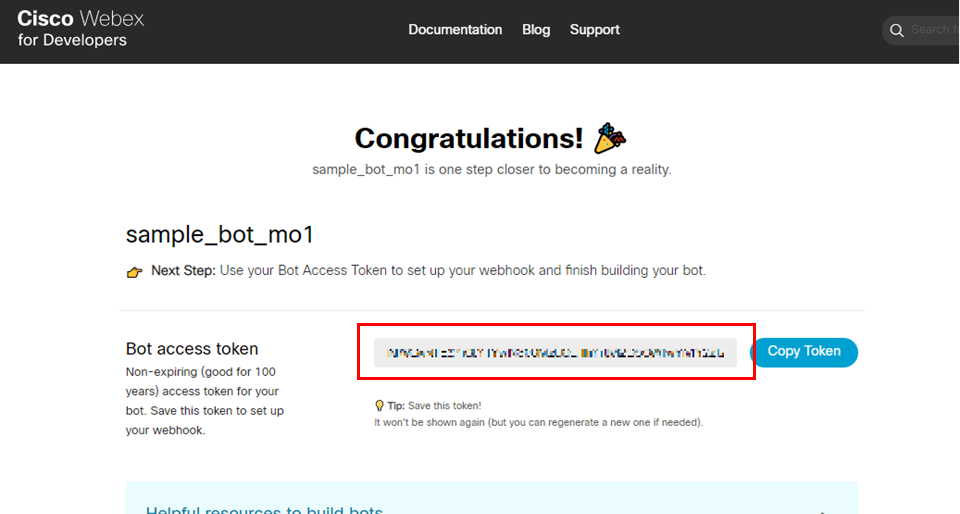 bot が作成できたら「Bot access token」の確保を行います。