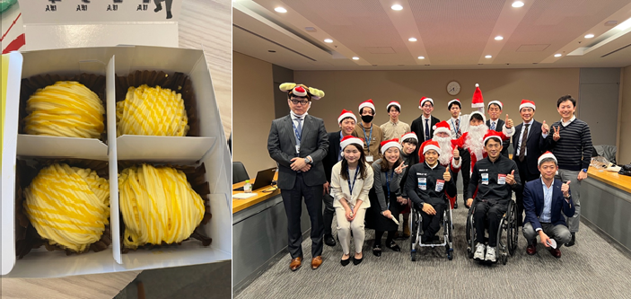 ４つのうち１つだけ酸っぱいケーキが入っており、どれくらい酸っぱいのか確かめるため試食をしました。当日オンサイトにいた方々の集合写真です。クリスマスの時期だったので軽い仮装をしました。