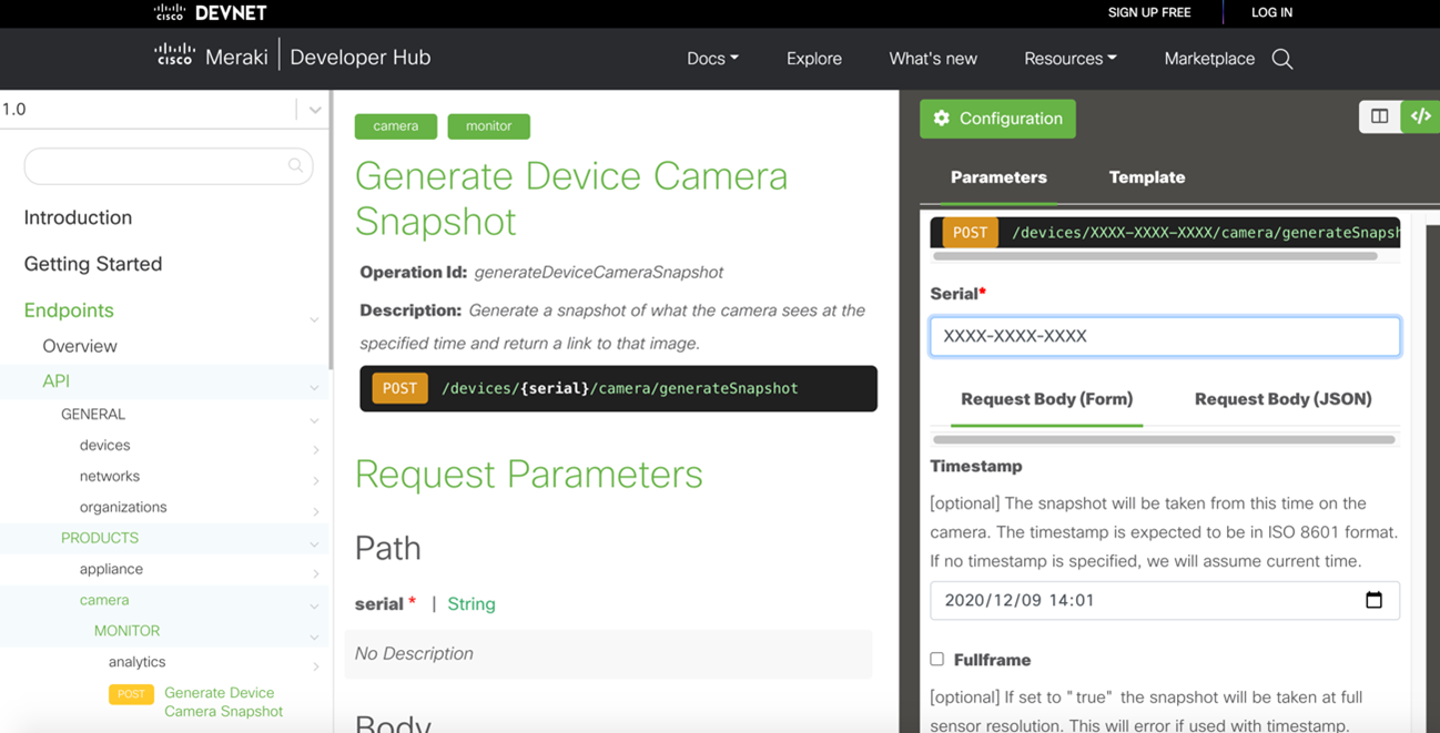 サイト上部にMerakiスマートカメラのシリアル番号を入力し、