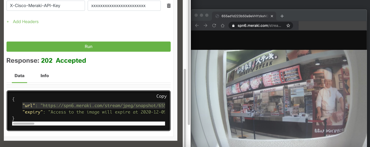 すると、URLが返されます(下図左)。返ってきたURLを開いてみると、指定した日時にMerakiスマートカメラに写っていたスナップショットが確認できました(下図右)。