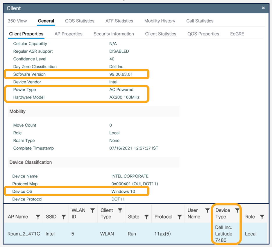 図 4：Catalyst 9800 コントローラに表示されるステーション情報（デバイス分類 WebUI 出力）