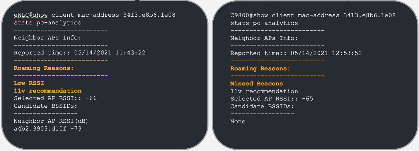 図 7：Catalyst 9800 コントローラに表示される「ローミングシナリオ」レポートの CLI出力