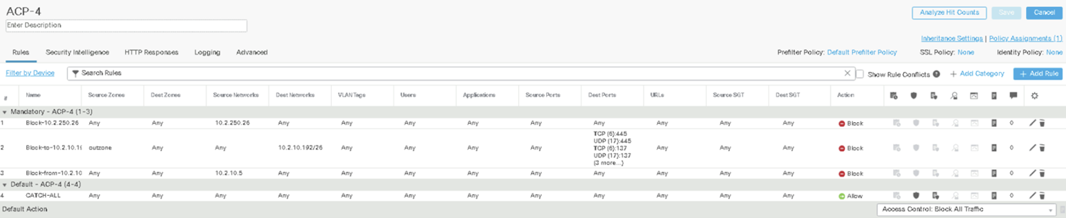  [図11 FMCでのカスタムルール: 10.2.10.192/26 宛てかつ Dstport 445/tcp, 445/udp, 137/tcp, 137/udp, 139/tcp, 139/udp, 10050/tcp 宛て通信をブロック]