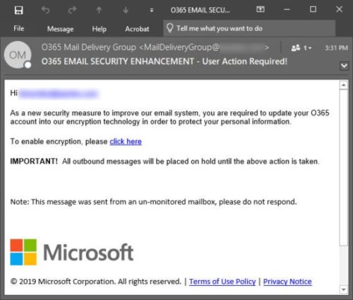 Office 365 のフィッシング電子メールの例