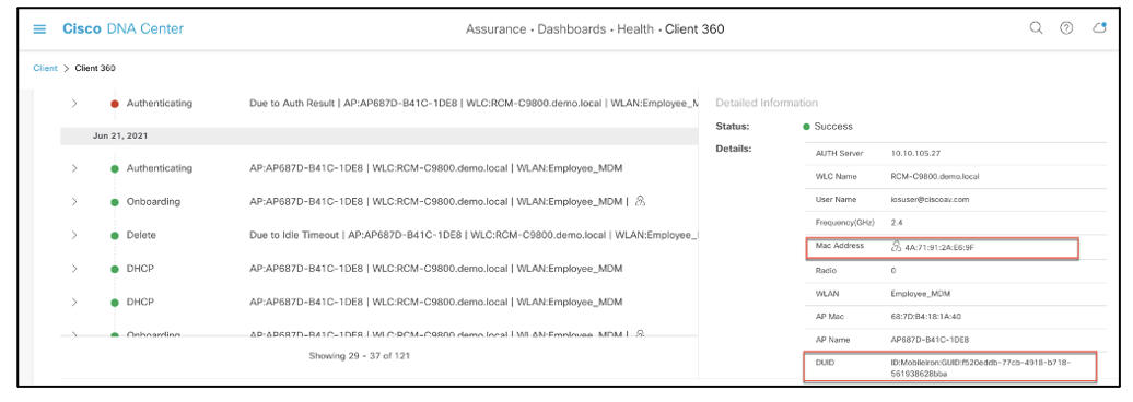 図 5:RCM クライアントの詳細ビュー(DNA Center の Client 360 ページ)