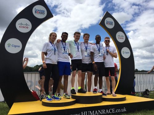 Me on right end, with other Cisco Apprentices at The Leaderboard Team Relay Triathlon Challenge