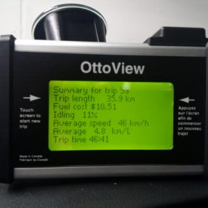 Mon enregistreur de données en utilisation durant l'étude. Les 36 km parcourus durant l'heure de pointe m'ont coûté 10,51 $ en carburant et m'ont pris presque 47 minutes.