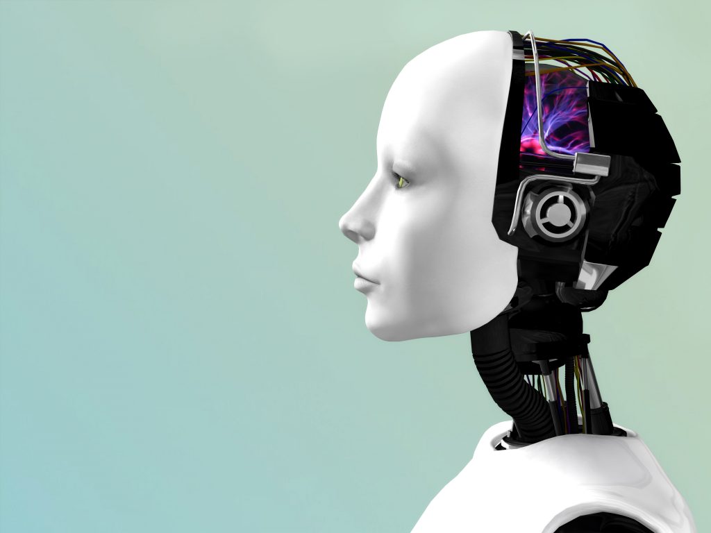 An image of a robot woman head in profile.